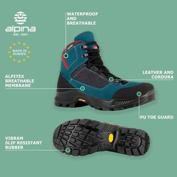 Alpina Hiker Boots for Men - Waterproof Vibram Outsole Rugged Footwear